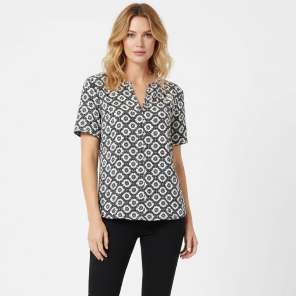 Tory Burch Short Sleeve Split Neck Printed Blouse Size XS
